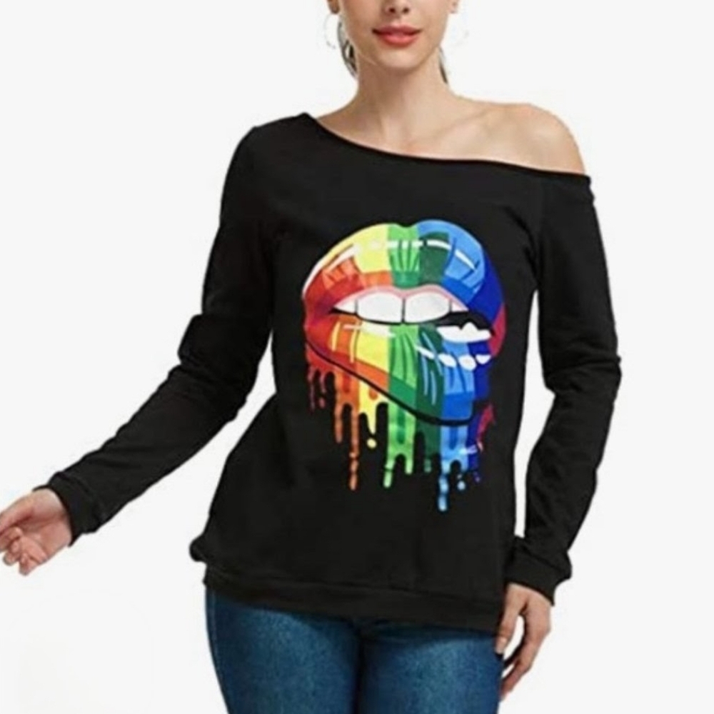 MAGICMK Black Off The Shoulder Graphic Sweatshirt w/ Dripping Rainbow Lips Sz L